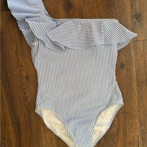 J. Crew Blue and White Striped One-Shoulder Swimsuit